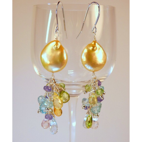 Pearl Aquamarine-Tanzanite-Yellow Quartz-Rock Quartz Sterling Beaded Earrings - Picture 5 of 7